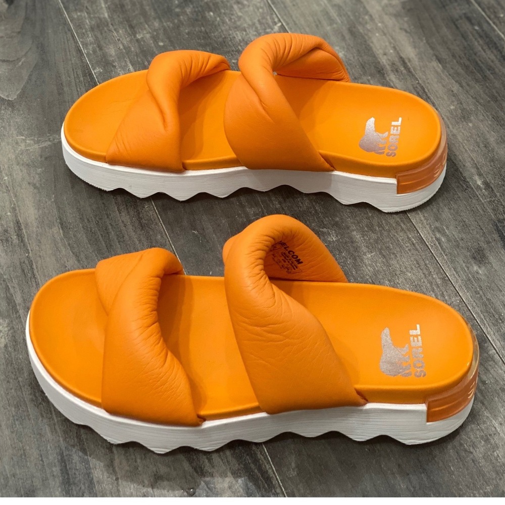 Sorel Viibe Twist Orange Leather Puffy Platform Slide Sandals Womens 8.5 Comfort - Picture 4 of 7